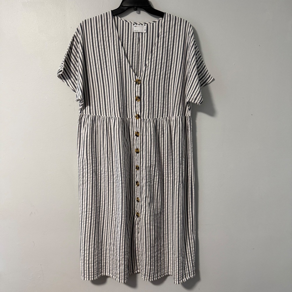 ASOS DESIGN Curve Gray White Striped‎ 100%  Cotton Midi Dress Button Front US 14